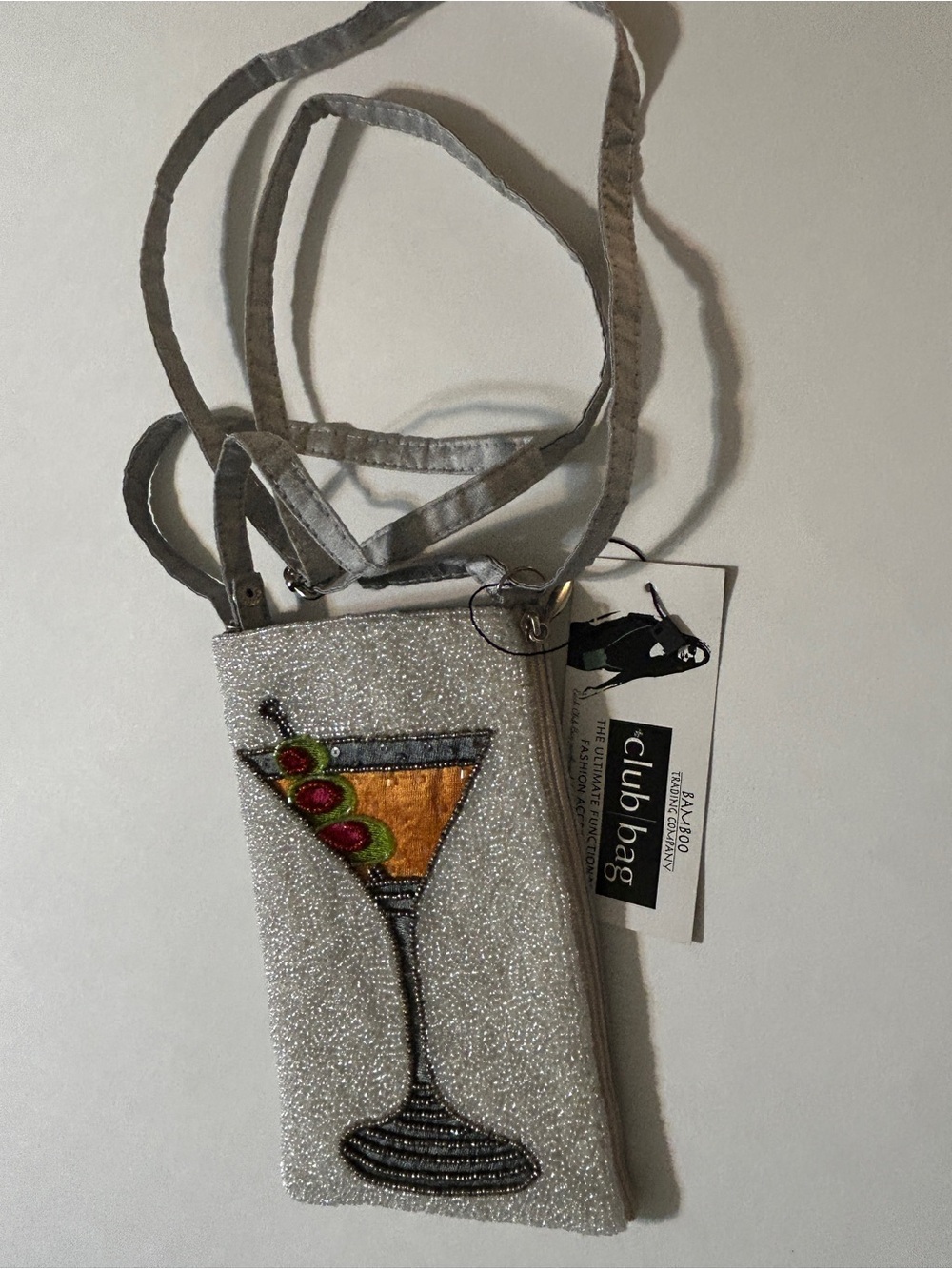 NWT Bamboo Trading Co Club Bag Beaded Martini Crossbody Phone Purse Silver
